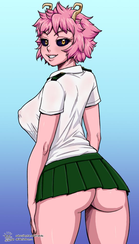 Mina Ashido of My Hero Academia, seen from behind. She's half turning her torso and neck around, looking and grinning at the viewer, with her hands resting on her thighs. She's wearing the UA summer uniform with a white shirt and green skirt, but modified to a sexier version. Her pink skin is partly showing through the gossamer cloth of the shirt, which is stretching tightly over her large breasts, making her nipple poke out visibly. Her skirt is (plus) ultra short, only reaching halfway down her bare, plump butt, and she's obviously not wearing any underwear at all. 