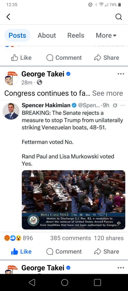 Screenshot of George Takei Facebook post of Spencer Hakimian Twitter post:  The Senate rejects a measure to stop Trump from unilaterally striking Venezuelan boats, 48-51. Letterman voted No. Rand Paul and Lisa Murkowski voted Yes.