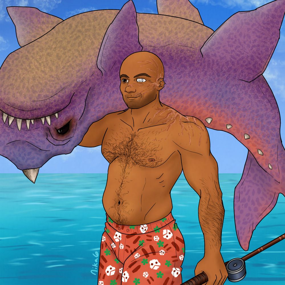 A picture of Wrecker from Bad Batch.  He's shirtless and wearing swim trunks and carrying a big Pabu fish. the trunks are a pinkish salmon color and have Lulas all over them.