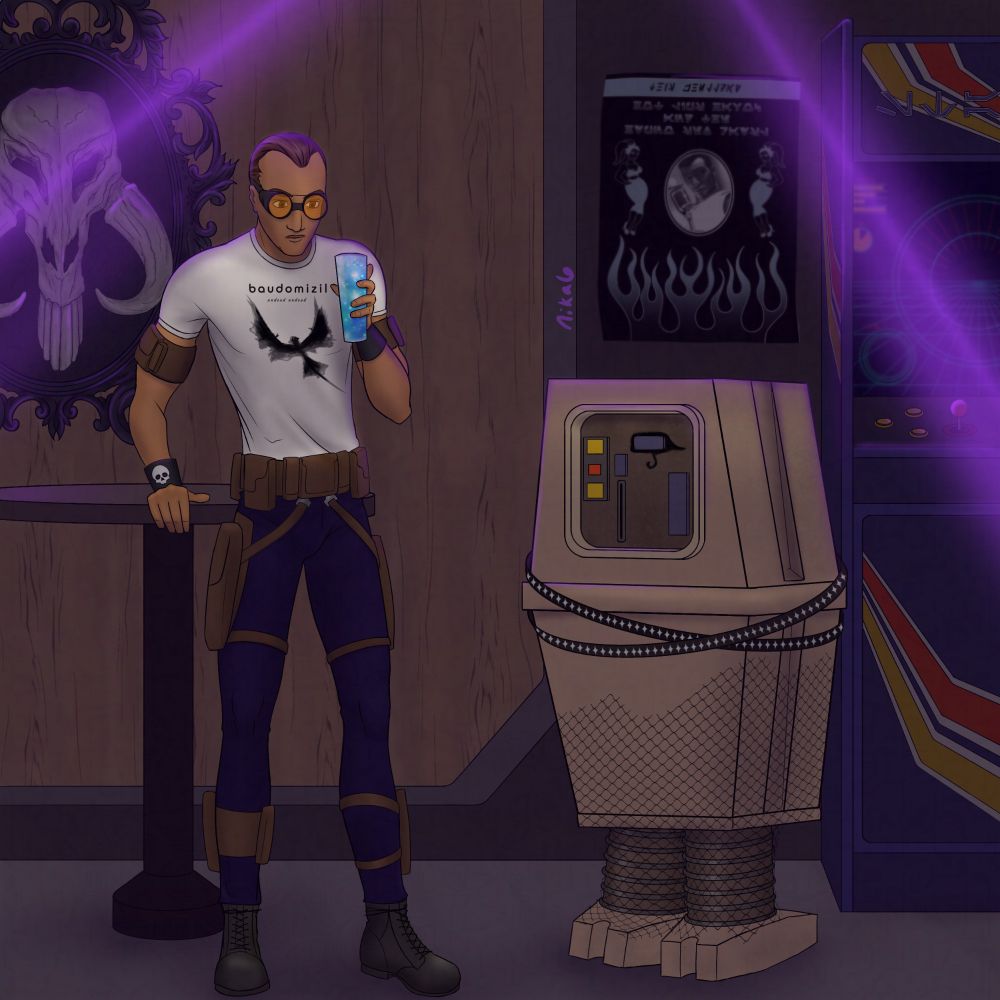 
So there's a lot going on here. It's Tech and Gonky on the second floor of 79s for GAR goth night. Tech is wear a white shirt that says "Baudomicile" and has a stylized picture of a keeradak. It is in reference to the Bauhaus's Bela Lugosi's dead shirt. Gonky is wearing two studded belts, fishnets and eye liner on one of it's buttons.
In the background there is a mythosaur skull displayed in a Gothic style oval frame. There is a big arcade game off to the side. There is a band poster on the wall. In aurebesh it says "This Zhellday" "
Hot lips Havoc and the hypno sex rays" 