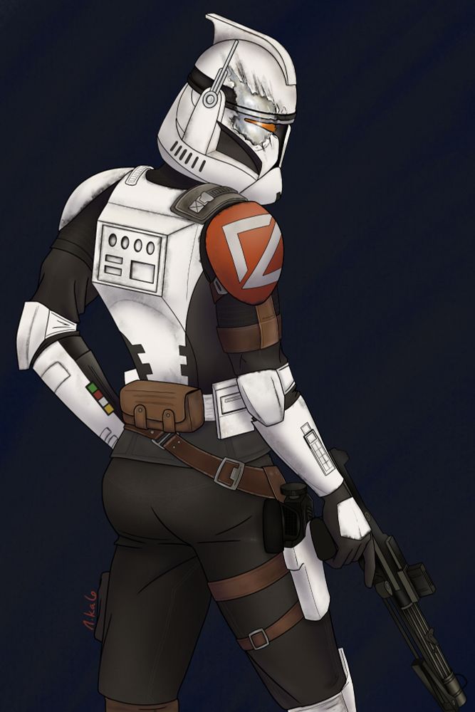 A picture of clone trooper Trick. His back is to the camera and he's looking over his shoulder. He is holding a DC-15A Blaster carbine in his hand. A DC-17 Pistol is in his holster. 