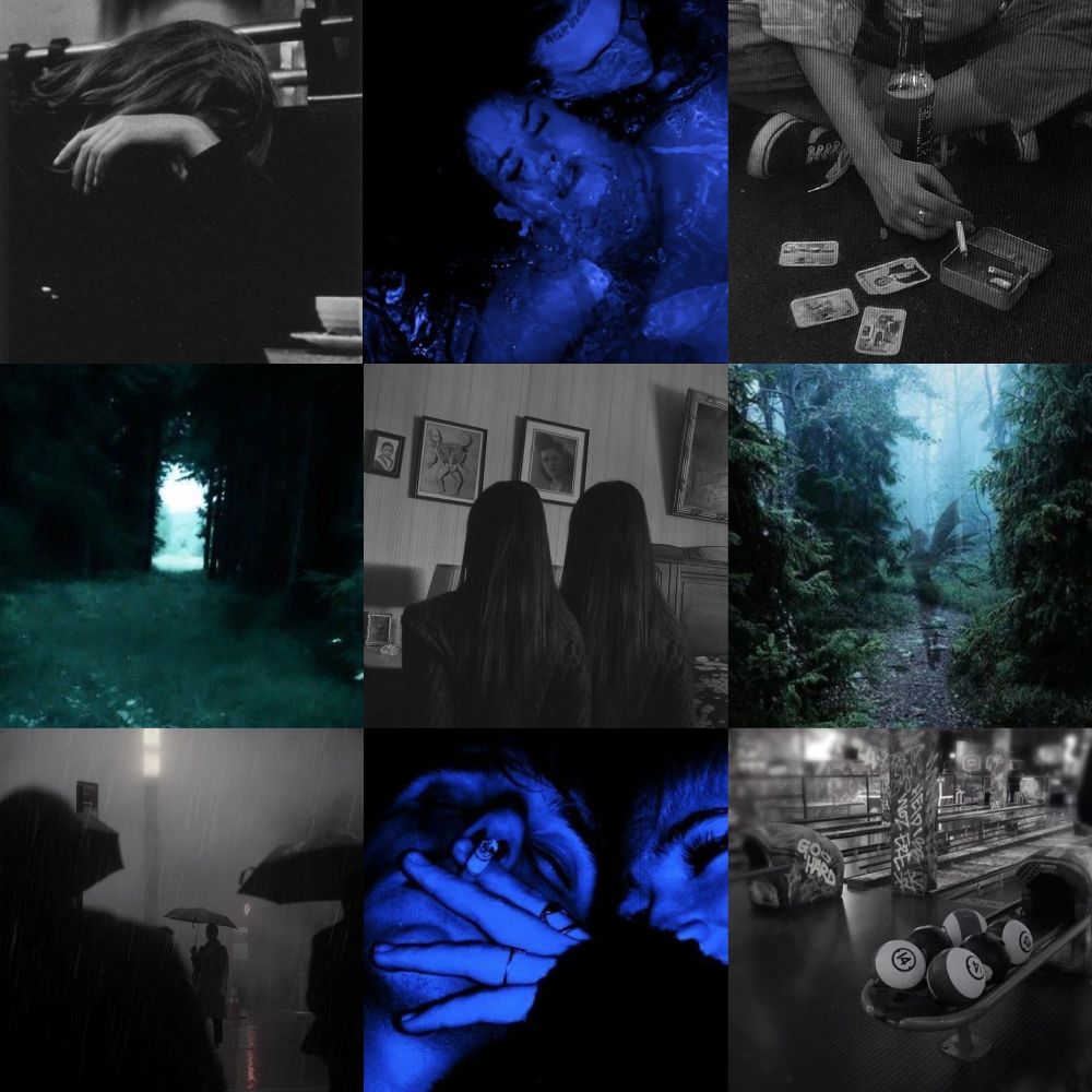 Top (l to r): girl with bowed head, a couple looking distressed, a hand holding a cigarette; middle: a door in a forest, twins facing a wall, a path in the woods; bottom: shadowy figures, two girls sharing a smoke, a bowling alley