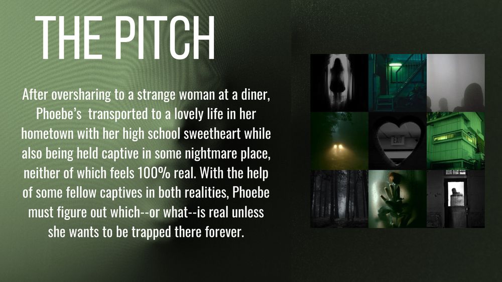 The pitch for my novel, with a moodboard featuring doors, a dark forest, an empty factory, and shadow figures lurking in doorways.