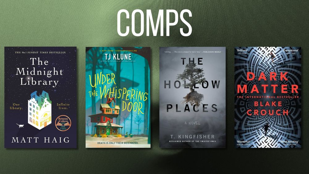 The covers for my comp titles: The Midnight Library, Under the Whispering Door, The Hollow Places, and Dark Matter