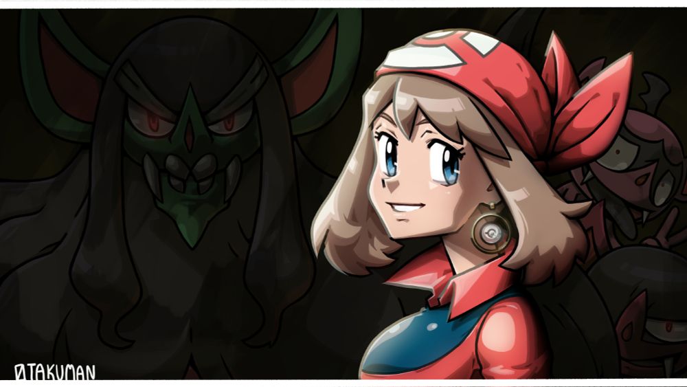 Pokemon trainer May showing off some earrings with some dark type pokemon in the background 
