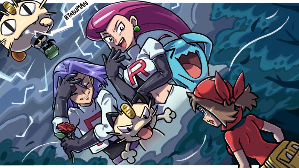 Jessie James and Meowth with Wuabuffet moments before lightning strikes their air balloon as May watches from a distance