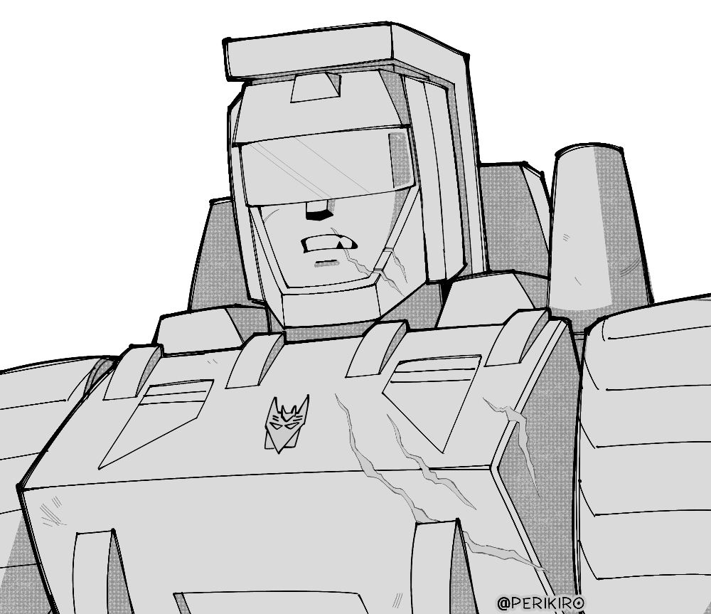 A black and white drawing of Bonecrusher from the chest up, with some minimal halftone shading. It combines a few features from the previous designs and gives him a chipped tooth and several scars on his face and chest.