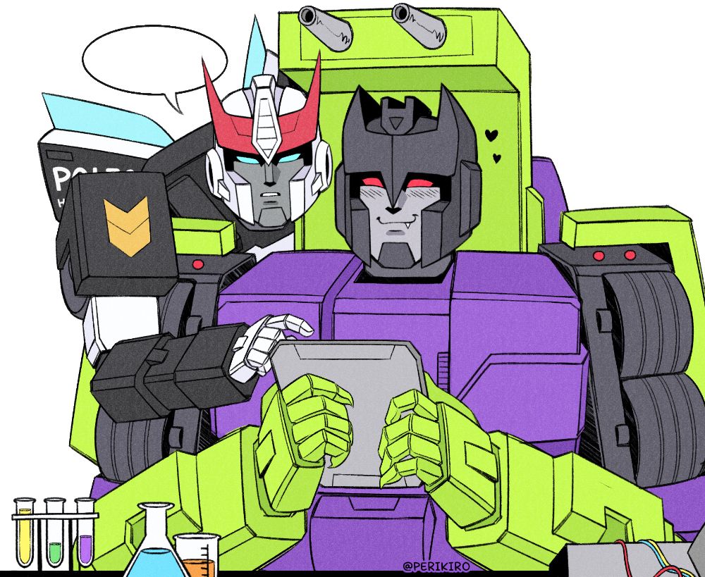 A coloured digital drawing of Mixmaster sitting at a table holding a datapad. Prowl is leaning over his shoulder to point at something on it, there is an empty speech bubble next to his head. Mixmaster is smiling at him and blushing. There are a handful of flasks and test tubes in the foreground.