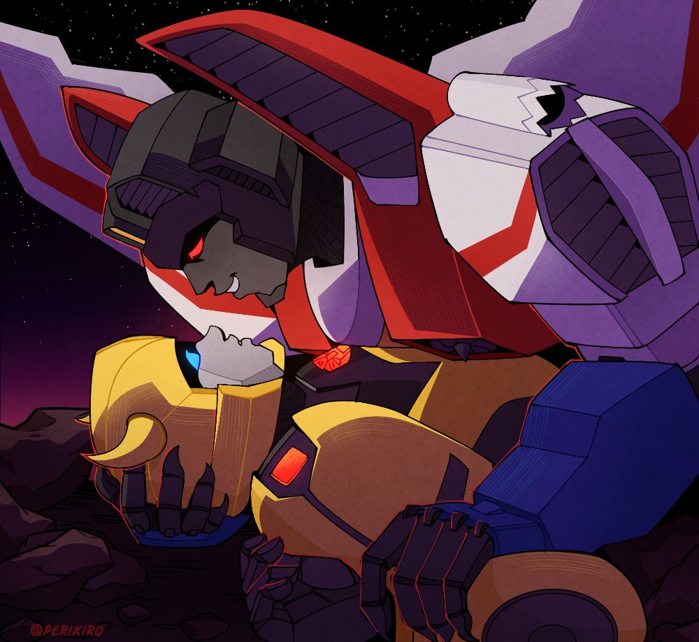 A coloured digital drawing of Bumblebee laying on his back looking up at Starscream who is pinning him down and smiling at him. They are only visible from their chests up. The scene is dimly lit and there are some rocks on the ground and a starry sky behind them.