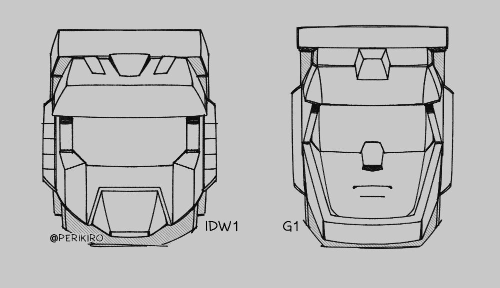 Two line drawings of Bonecrusher's IDW1 and G1 head designs on a grey background.