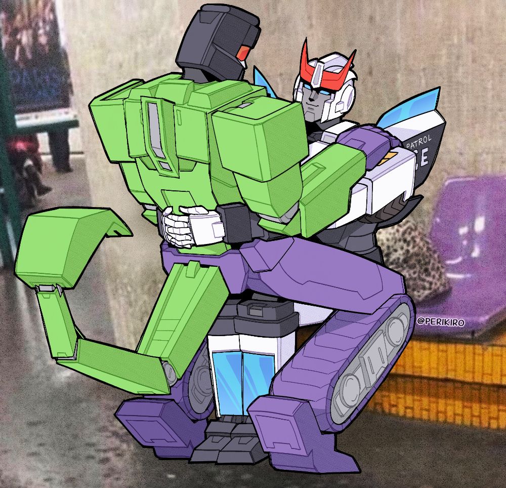 A coloured digital meme redraw of Scavenger sitting in Prowl's lap facing him, his legs are bent at the knees because he's taller than him. Prowl's arms are around Scavenger's waist and he's smiling.