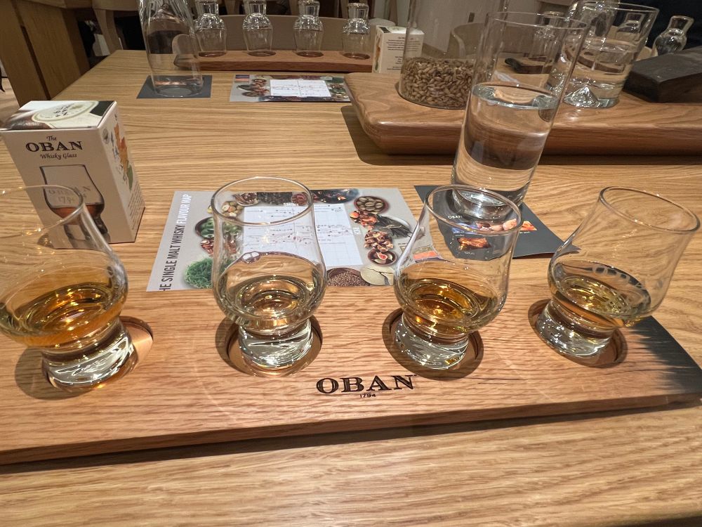 A flight of scotch whisky from the Oban Distillery in Scotland 