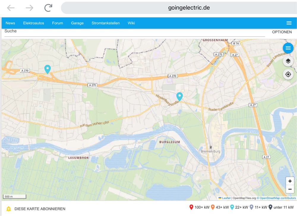 Karte von Bremen-Nord mit zwei 22kW-Ladesäulen für 50.000 Einwohner