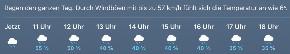 Regen den ganzen Tag. Durch Windböen mit bis zu 57 km/h fühlt sich die Temperatur an wie 6°.