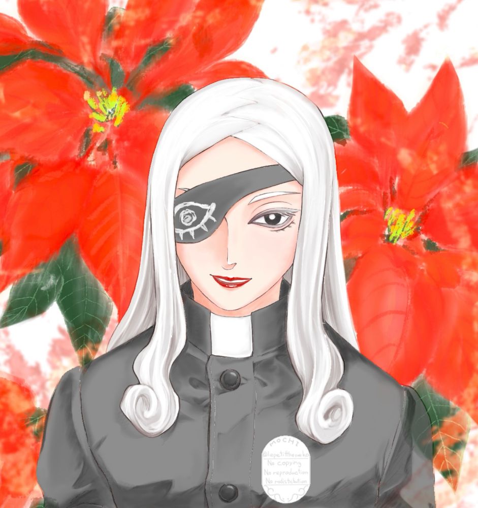 もちさんの線画に色を塗らせて頂いた弓彦と、背景のポインセチアの花。