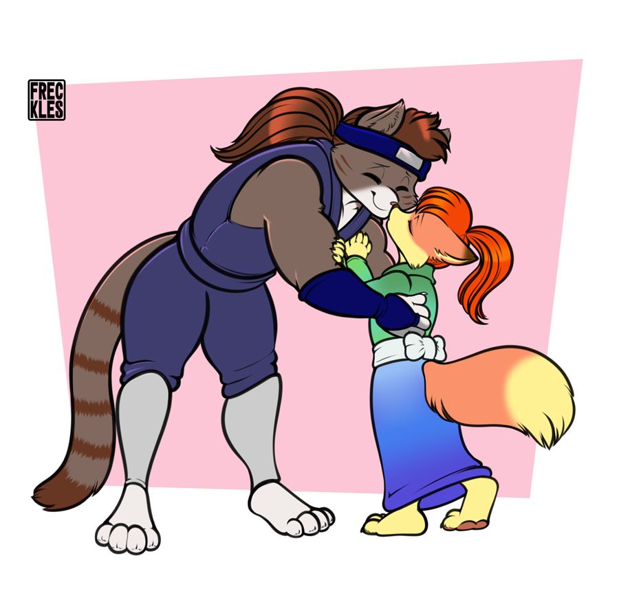 Digital picture. Larger cat guy giving a smooch to a smaller femboy fox.