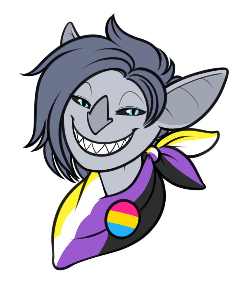 Digital picture. Bat with a nonbinary bandana and a pansexual pin.