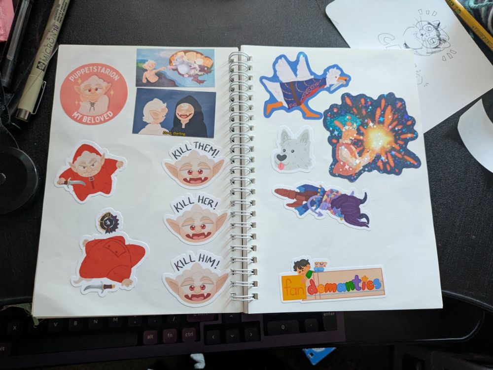 A spread of stickers by @domantics, featuring puppet Astarion (Puppetstarion) in many forms, as well as Scratch, Alfira, goose Astarion (Goostarion), Howl of Howl's Moving Castle, and their shop logo