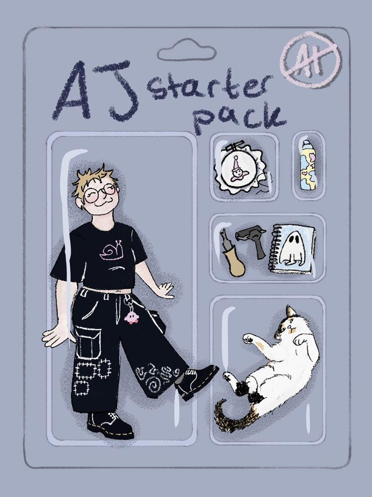 An illustration showing AJ's self portrait posing within a plastic package like a doll. They are wearing a black snail T-shirt and black wide-leg pants. In smaller casing on the plastic packaging, there is an embroidery piece of a clown, a yellow water bottle, printmaking tools, a sketchbook, and Ramona the Cat lying on her back. Text at the top reads "AJ Starter Pack". In the top corner is a crossed out "AI".
