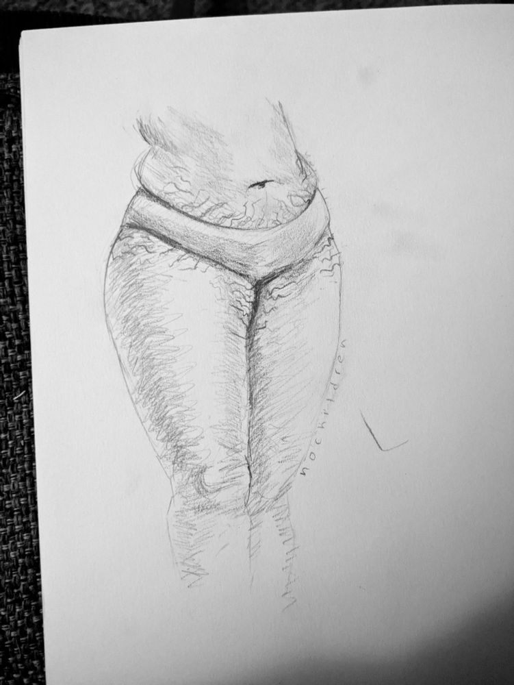A pencil sketch illustration of a big tummy and big thighs with stretch marks