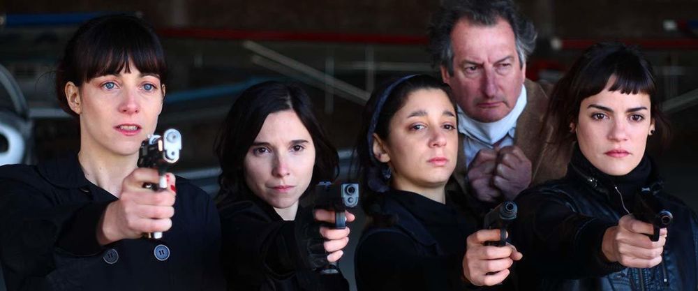 The Four Actresses of La Flor with guns drawn, plus the hostage they are trying to save in part three.