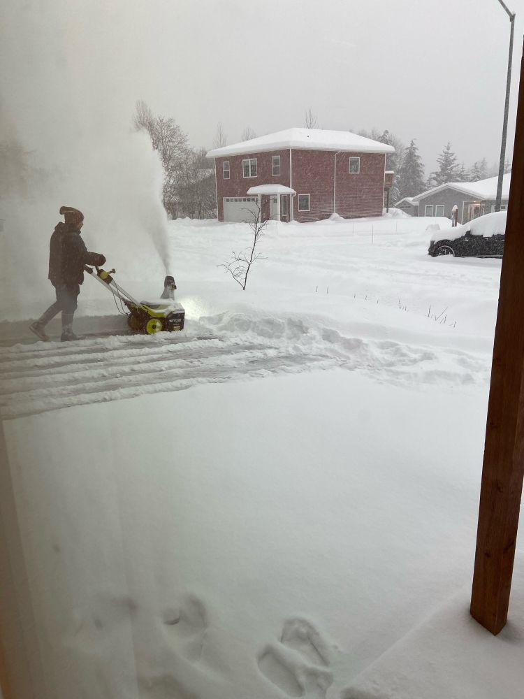 Me, making my first pass clearing snow from my driveway with my electric snowblower.