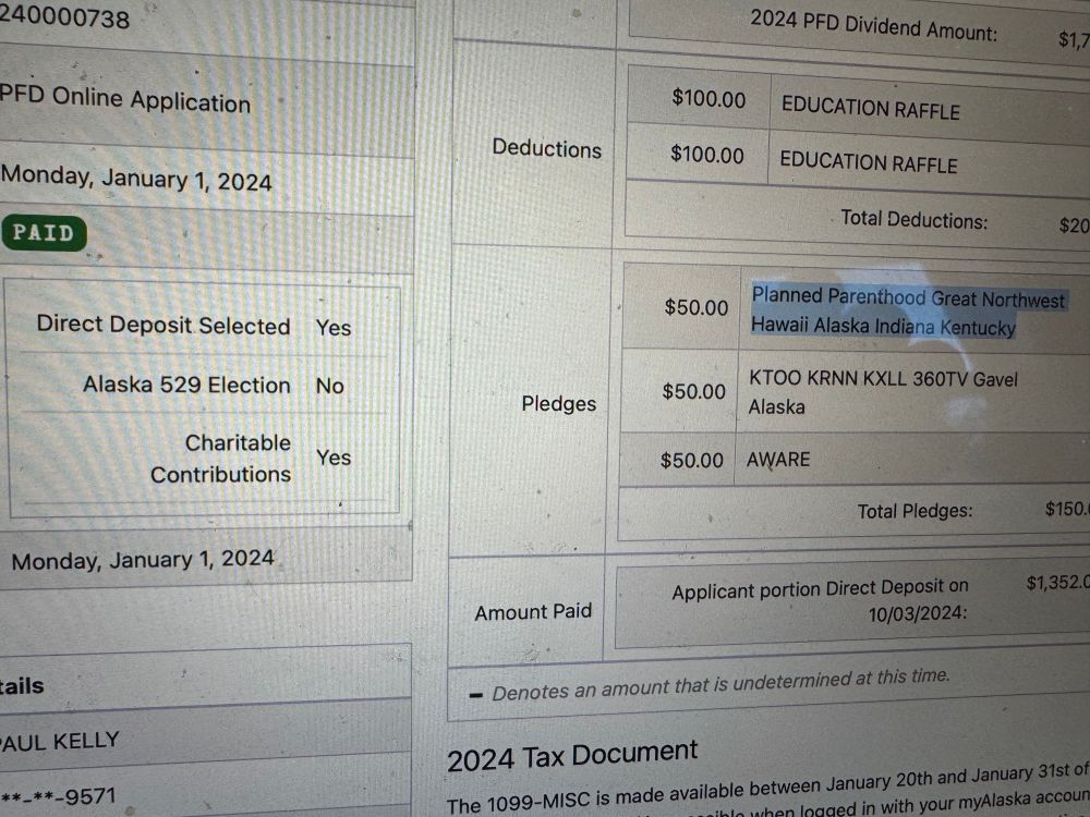 Screen shot of last year’s PFD application. It shows I donated to Planned Parenthood in 2023.