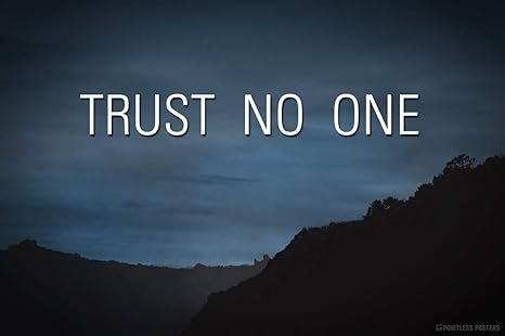 Moody landscape scene at late twilight with the words "Trust No One" in white