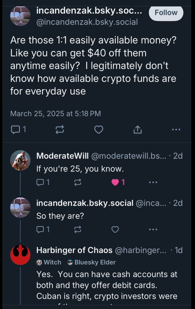 Screenshot of a thread discussing if you can easily access cash that is in a crypto account. I stated you can if you have a cash account.
