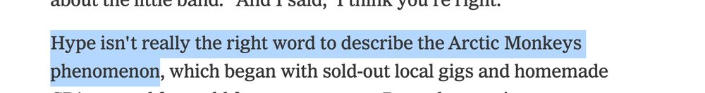 Jan. 30, 2006 NYT excerpt: "Hype isn't really the right word to describe the Arctic Monkeys phenomenon"