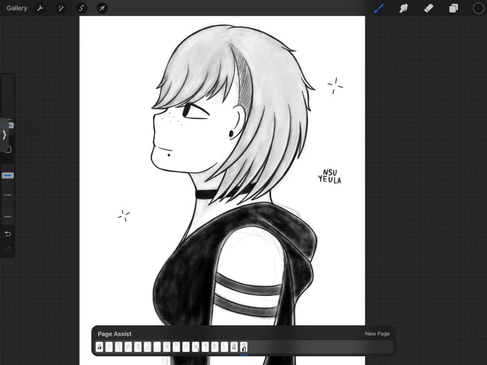 Black and white side profile sketch of a girl
