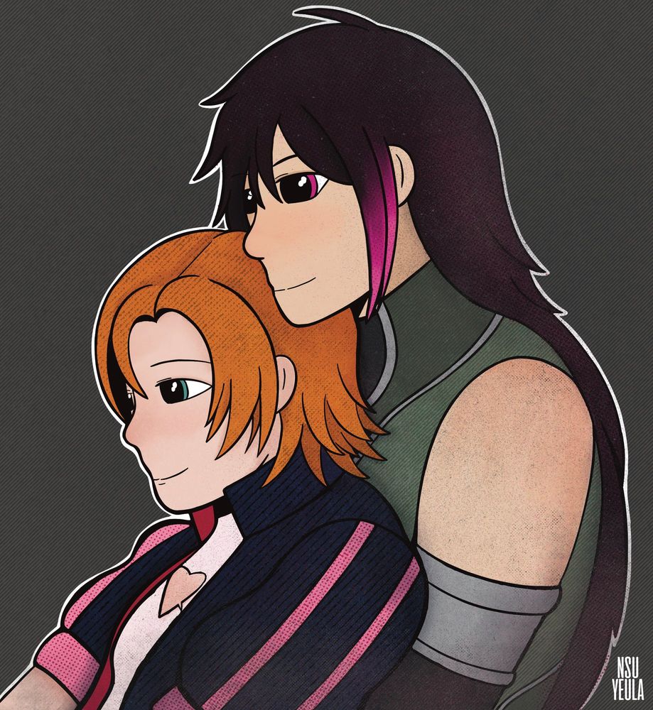 Ren and Nora from RWBY in there V4-6 outfits. Ren is hugging Nora from behind and resting his head on hers.