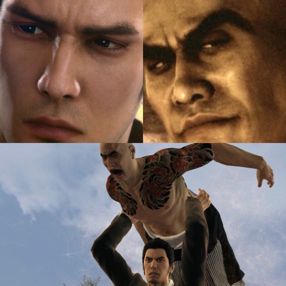 A triple split screenshot of Kiryu Kazuma and Futoshi Shimano from the Sega Yakuza/Like a Dragon video games. The top row involves Kazuma looking upset while Shimano has a smug expression before the bottom row reveals that a furious Kazuma has grabbed a terrified Shimano by the waist and is ready to send him fly with an over head throw.