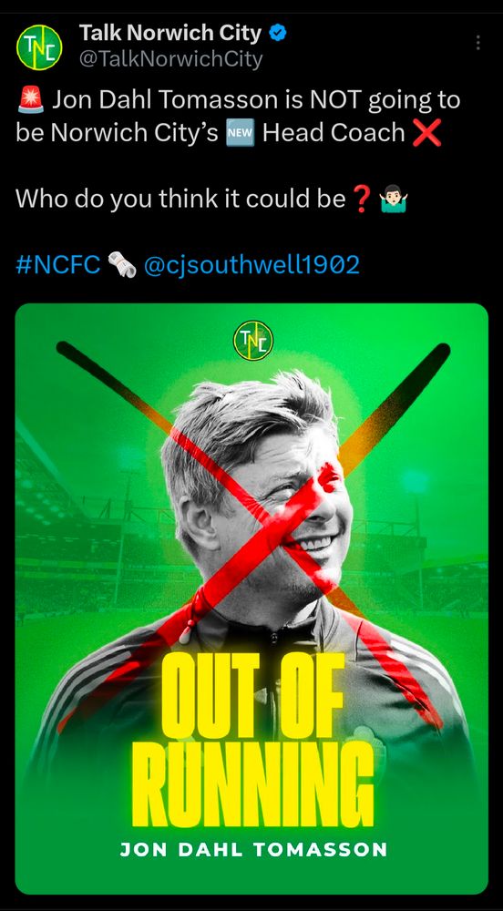 A tweet announcing that Jon Dahl Tomasson will NOT be the next Norwich coach