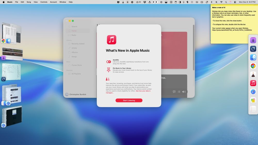 A Mac desktop screen showing the Apple Music app launch window centered in front of a blurred blue and white ocean-themed wallpaper. The pop-up reads “What’s New in Apple Music” with icons and bullet points about new features, and a red “Start Listening” button at the bottom.