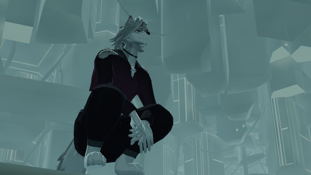 An anthro, pony-tailed wolf wearing a choker, a long-sleeve crop-top with the shoulders cut out, and sweatpants crouches on a ledge. A foggy upside-down city can be seen behind him. He is looking out into the distance.
(VRChat World: Galatea City By ちゅーたな)