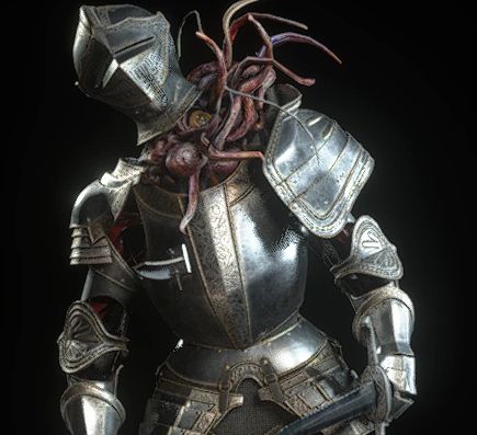 Screenshot of the Armadura from Resident Evil 4 Remake, a plagas possessed set of armor. (From the Resident Evil Wiki)