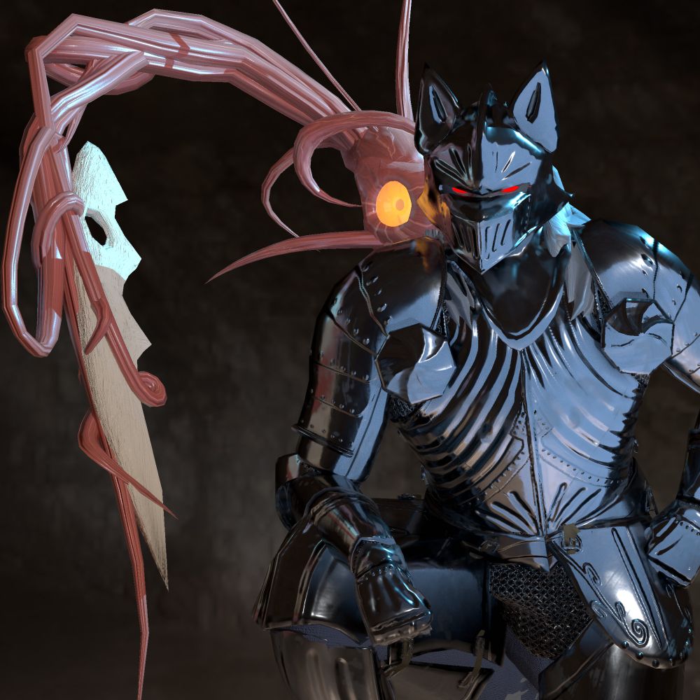 my fursona's halloween costume of the armadura. posing on his knee with the plagas peeking out from behind.