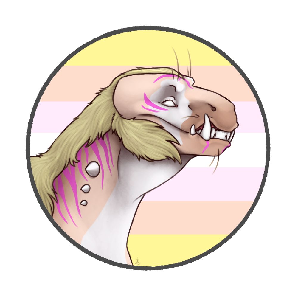 A brown and pink striped dragon in front of the pangender flag