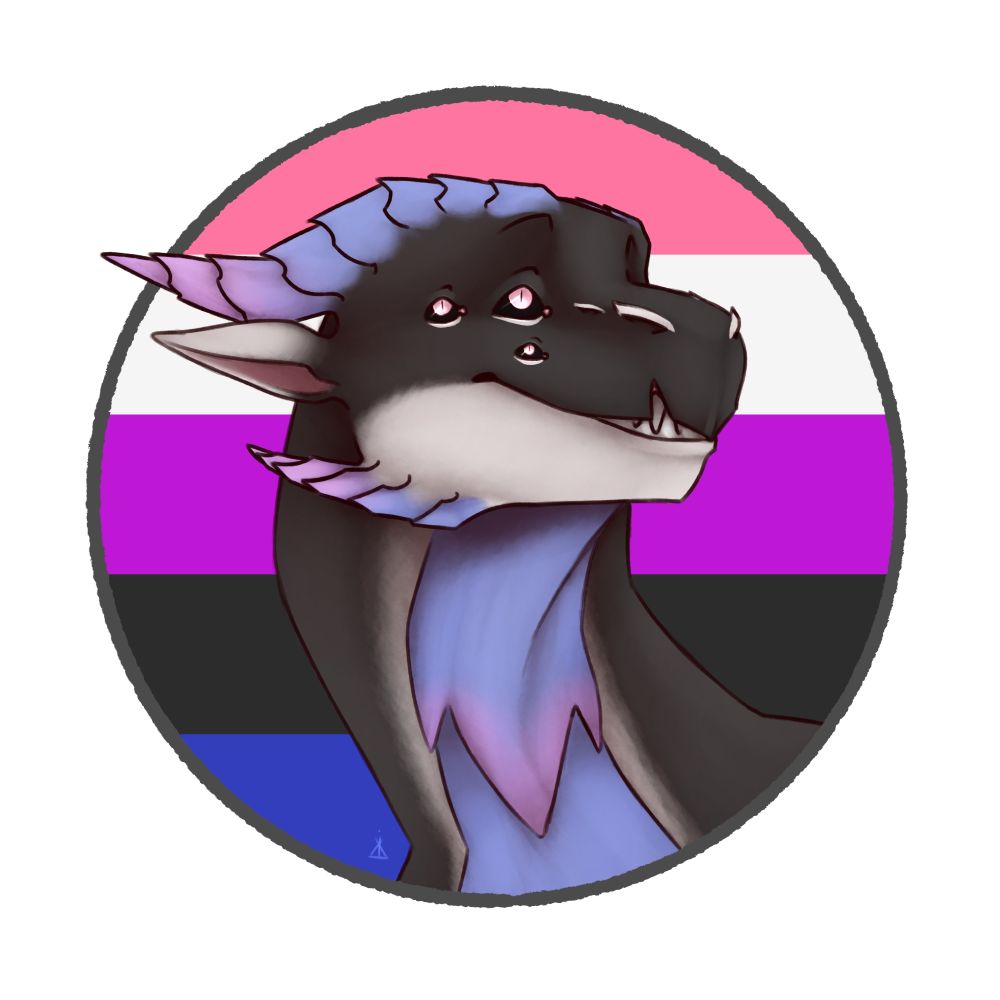 A black and purple dragon with multiple eyes in front of the genfderfluid flag