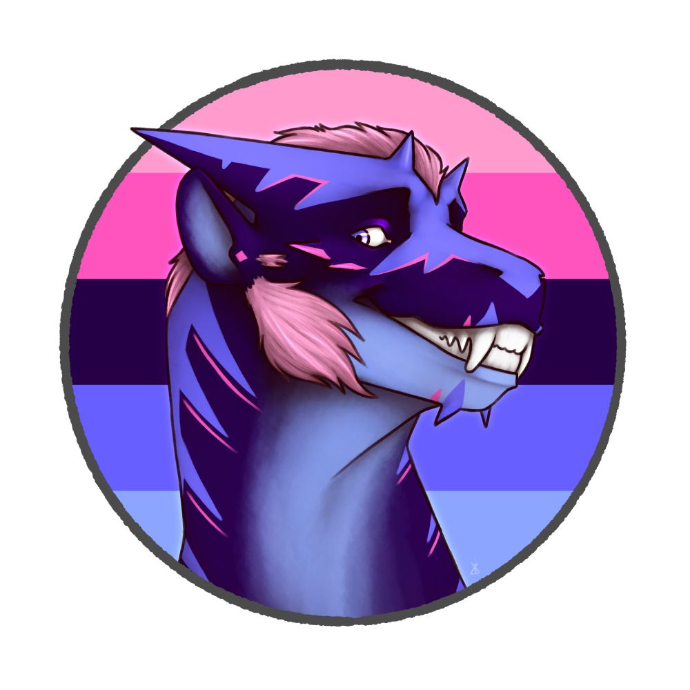A purple dragon in front of the omnisexual flag