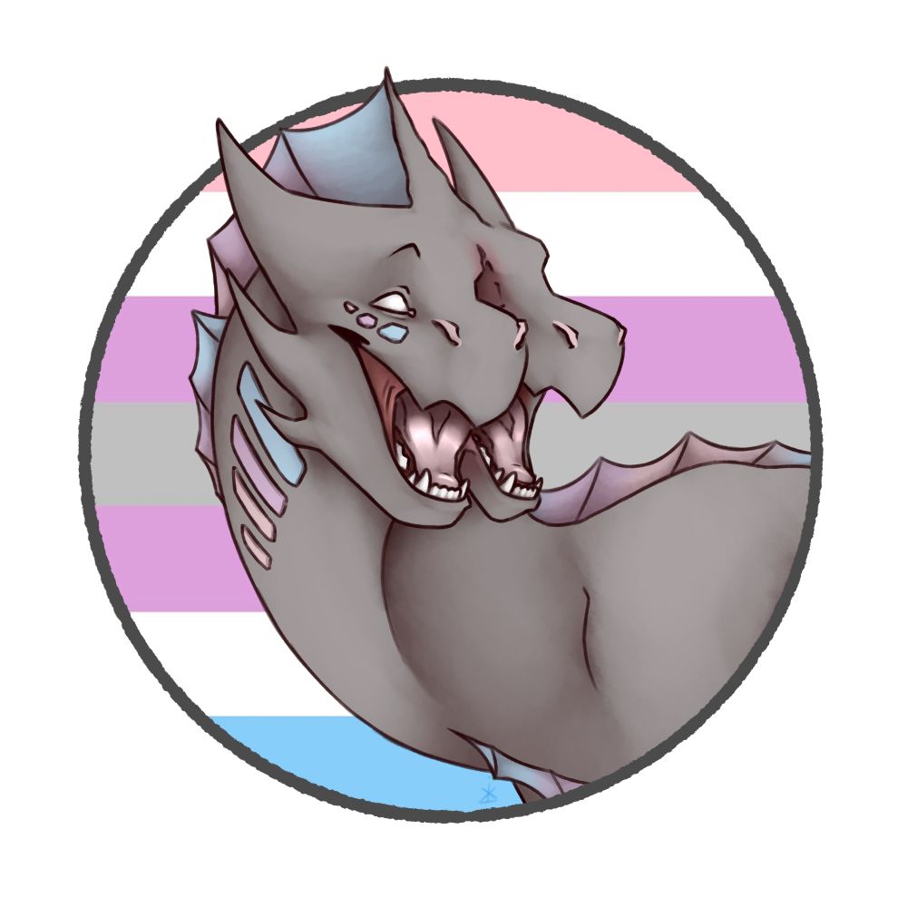 A gray dragon with two faces and frills in front of the intergender flag
