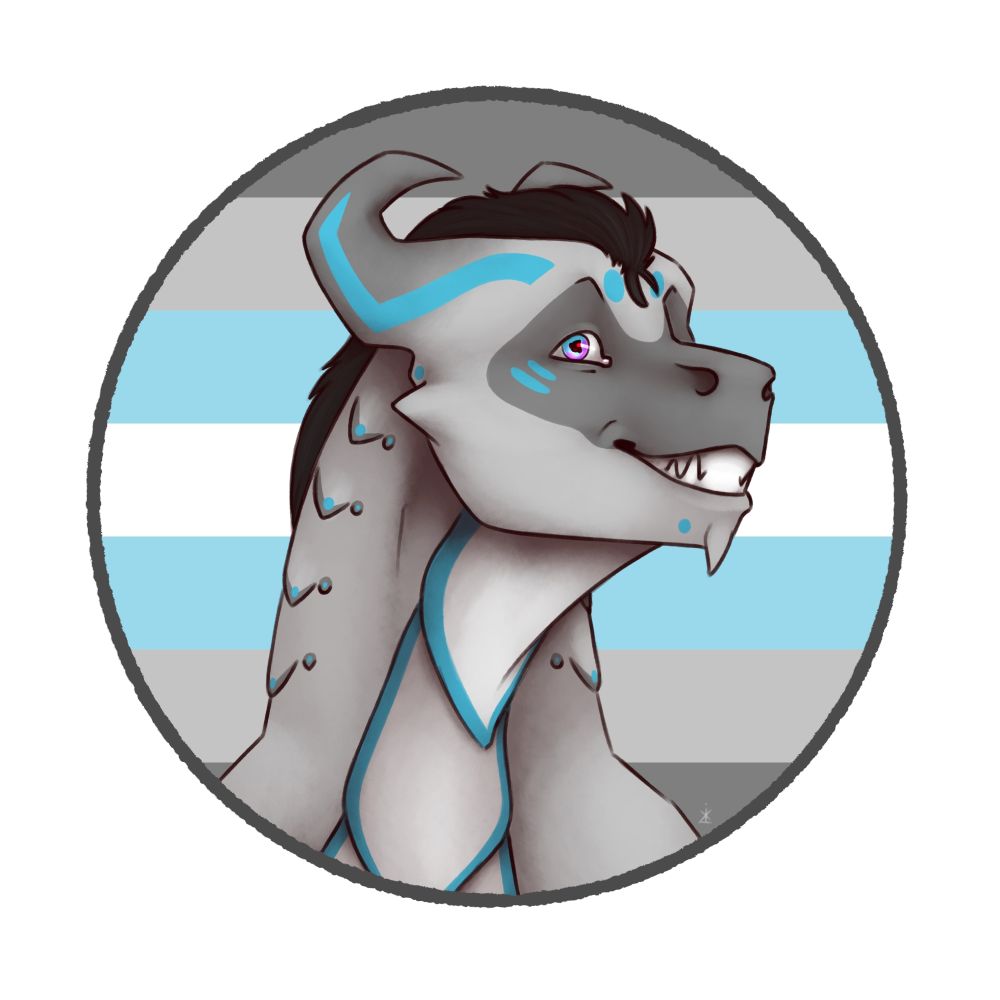 A gray dragon in front of the demiboy pride flag
