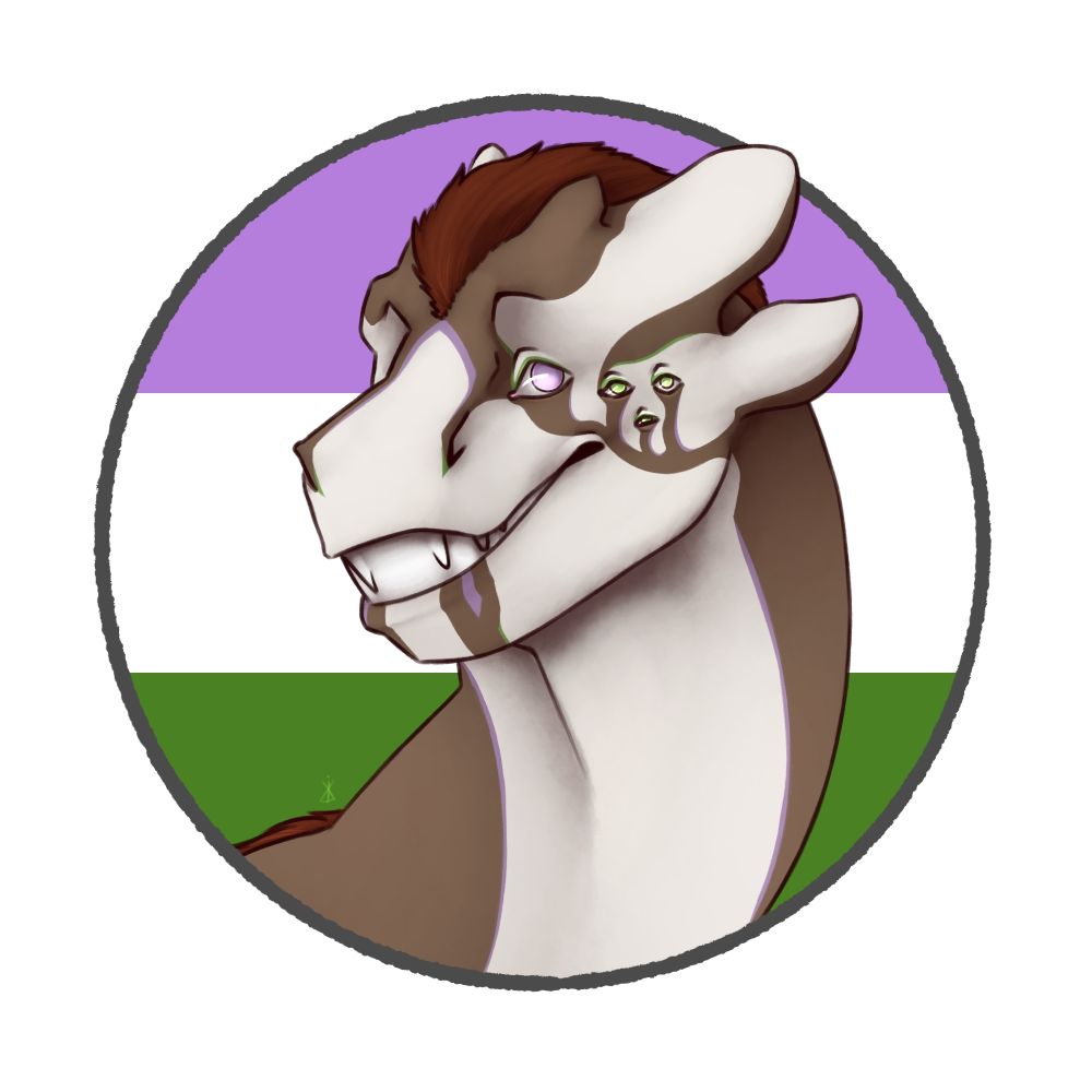 A brown dragon with multiple eyes in front of the genderqueer flag