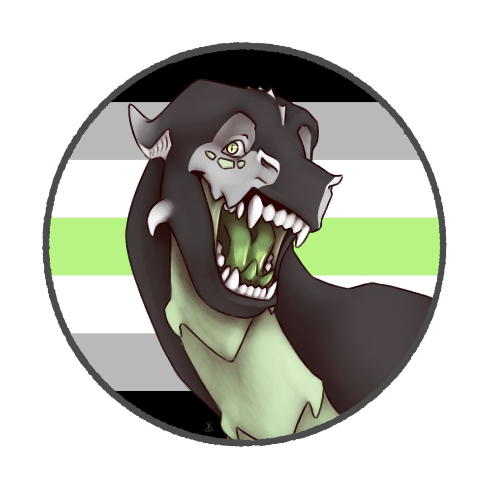 A black, gray and green dragon in front of the agender flag