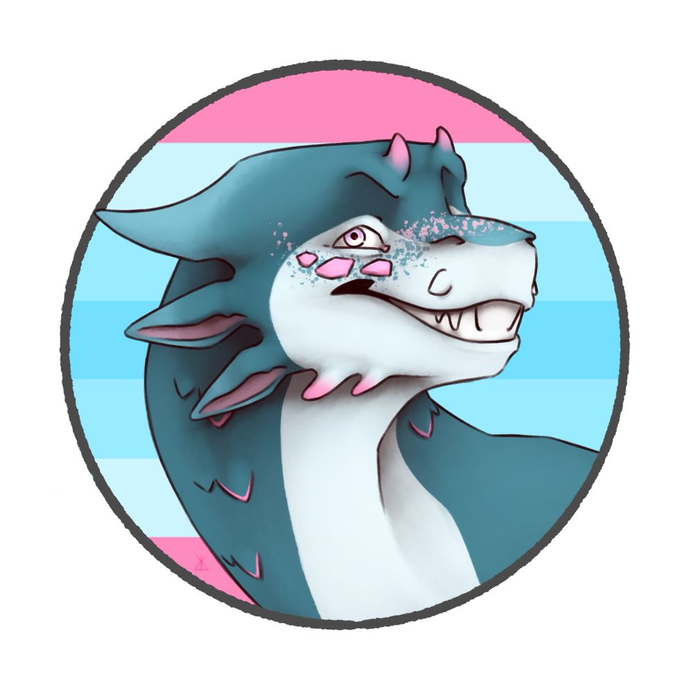 A blue and pink dragon in front of the transmasculine flag