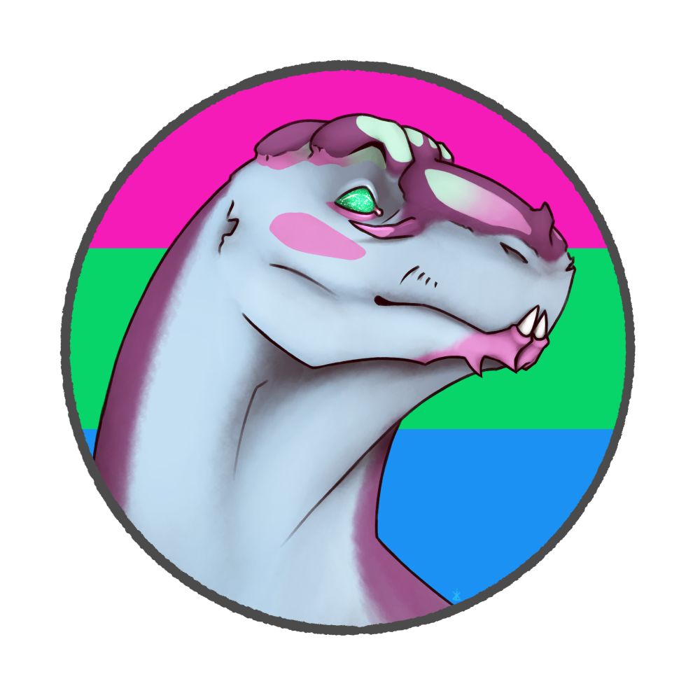A purple and blue dragon in front of the polysexual flag