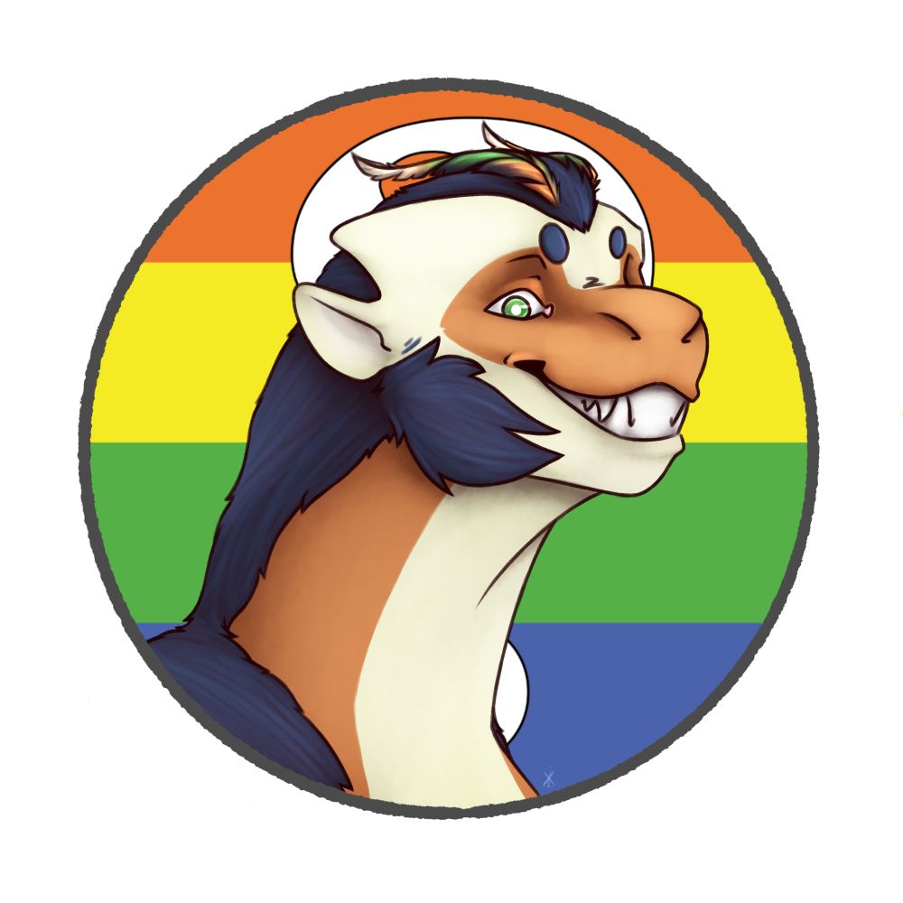 An orange dragon with blue fur in front of the questioning flag