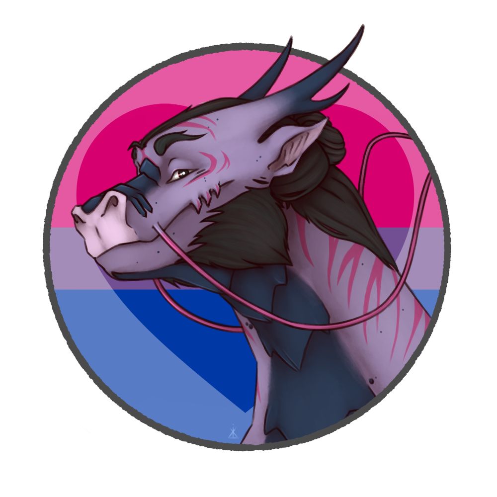 A purple dragon in front of the biromantic flag