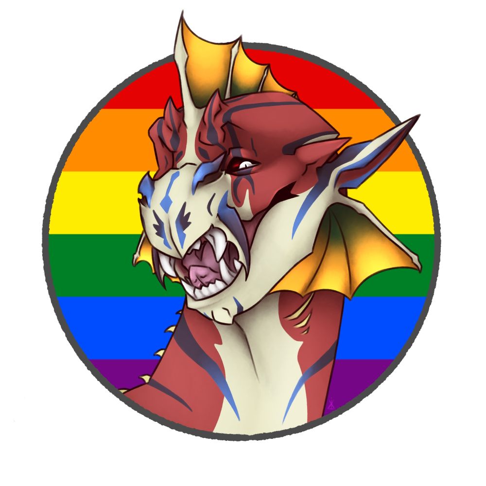 A red dragon with yellow frills in front of the rainbow pride flag